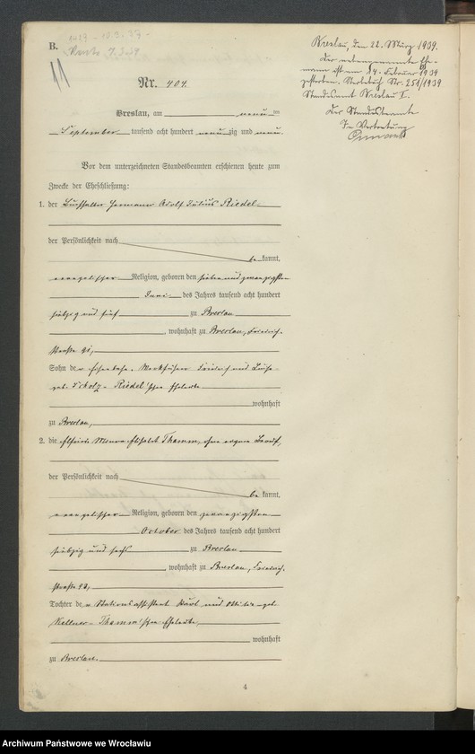 image.from.unit.number "Heiraths-Haupt-Register Breslau IV 1899 Band 3"