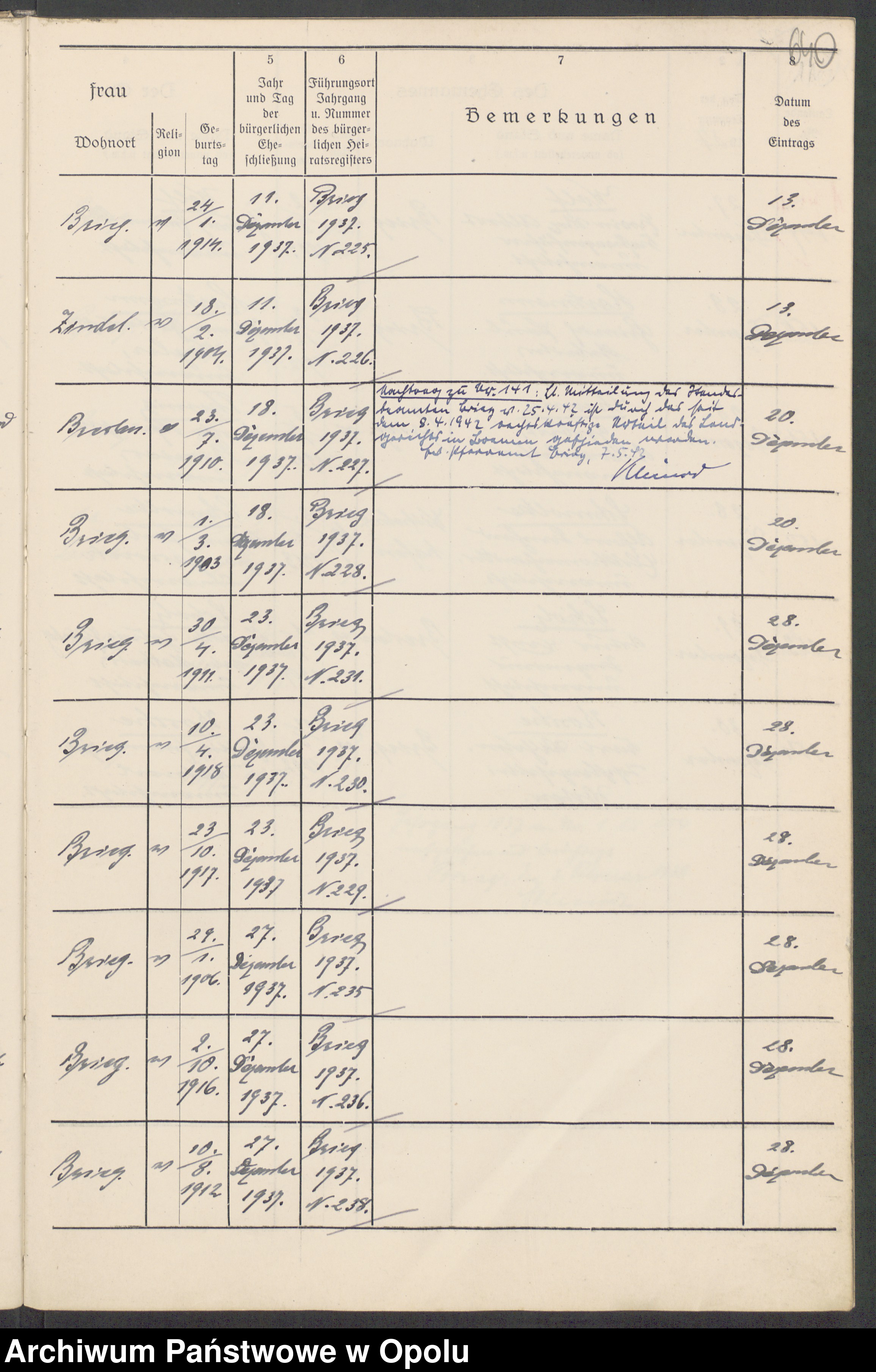 Skan z jednostki: Trauungsbuch von 1920 bis 1944