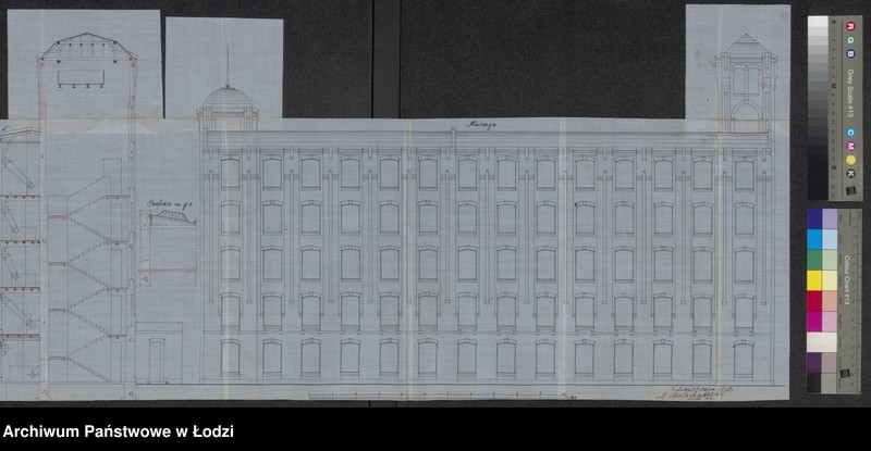 Obraz 17 z jednostki "Proekt˝ Avgusta Èngel’barta Deringa na otstrojku poslě požara kamen[noj] 4-h˝ èt[ažnoj] mehaničeskoj šestoprâdil’ni i tkackoj fabriki pod˝ No 58/821 po ulicě nazyvaemoj Mil’ša v˝ gor[ode] Lodzi"