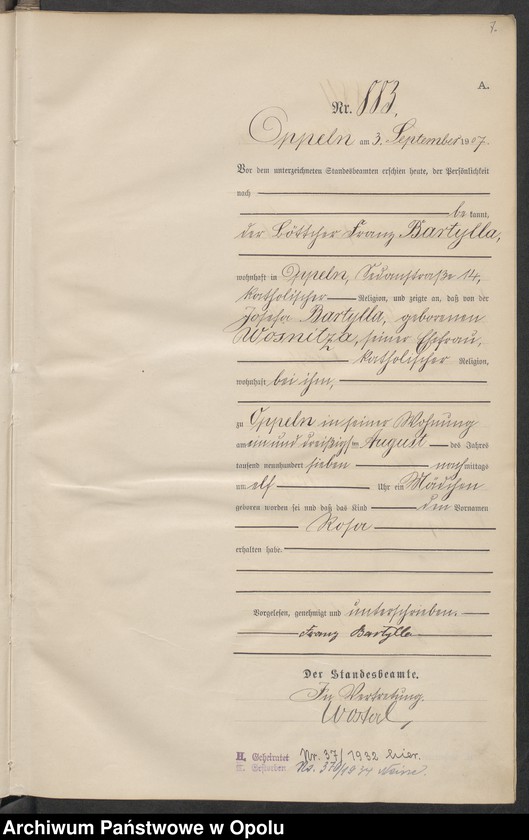image.from.unit.number "Urząd Stanu Cywilnego w Opolu 1907 Rejestr Urodzeń miejscowa Nr 878 do 1277"