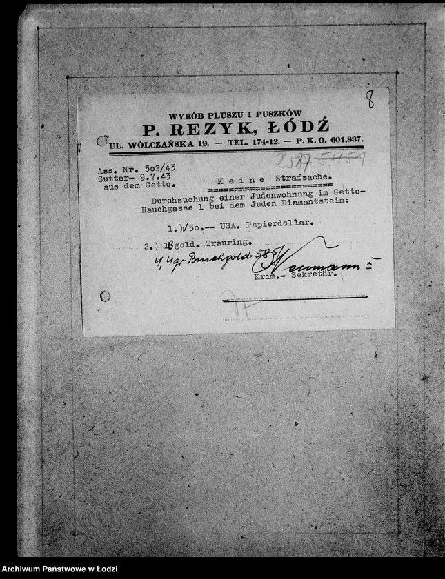 Obraz 12 z jednostki "Kripo.Unterlagen 2400-2600 [Dokumenty konfiskaty majątku ruchomego u Żydów]"