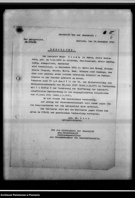 Obraz 10 z jednostki "Strafverfahren wegen Vermahlung von Brotgetreide - Gauheilanstalt Warta bei Sieradz."