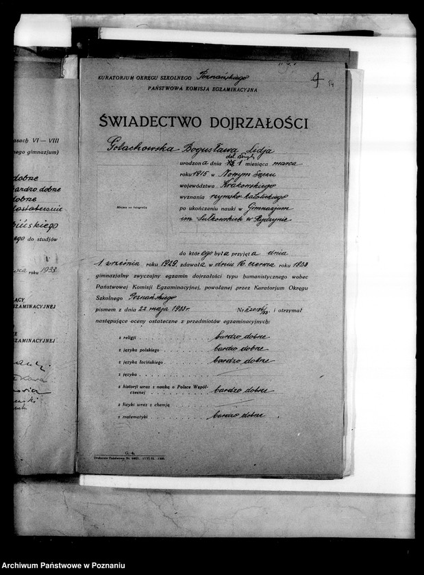 Obraz 17 z jednostki "Prywatne Gimnazjum imienia Sułkowskich w Rydzynie [odpisy świadectw egzaminu dojrzałości 1938 i 1939]"