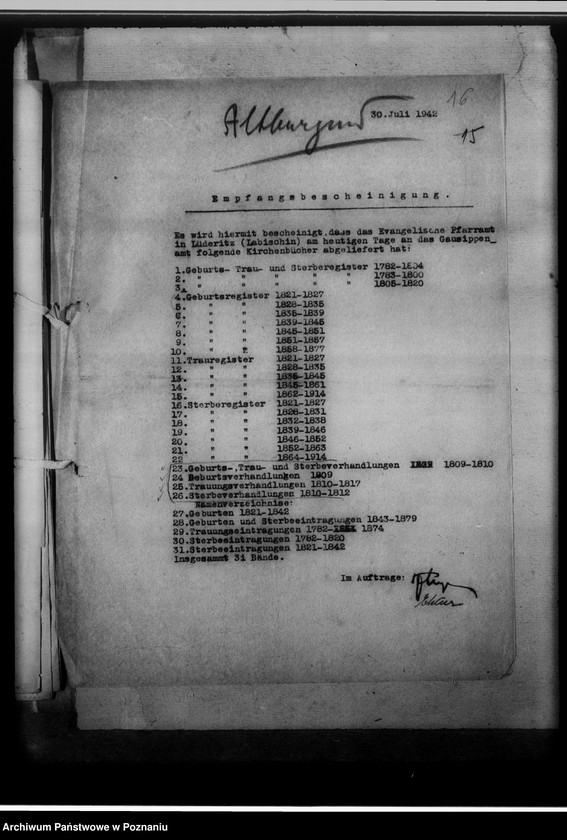 Obraz 20 z jednostki "[Wykaz ksiąg urodzeń, małżeństw i zgonów przejętych z parafii katolickich z powiatu szubińskiego]"