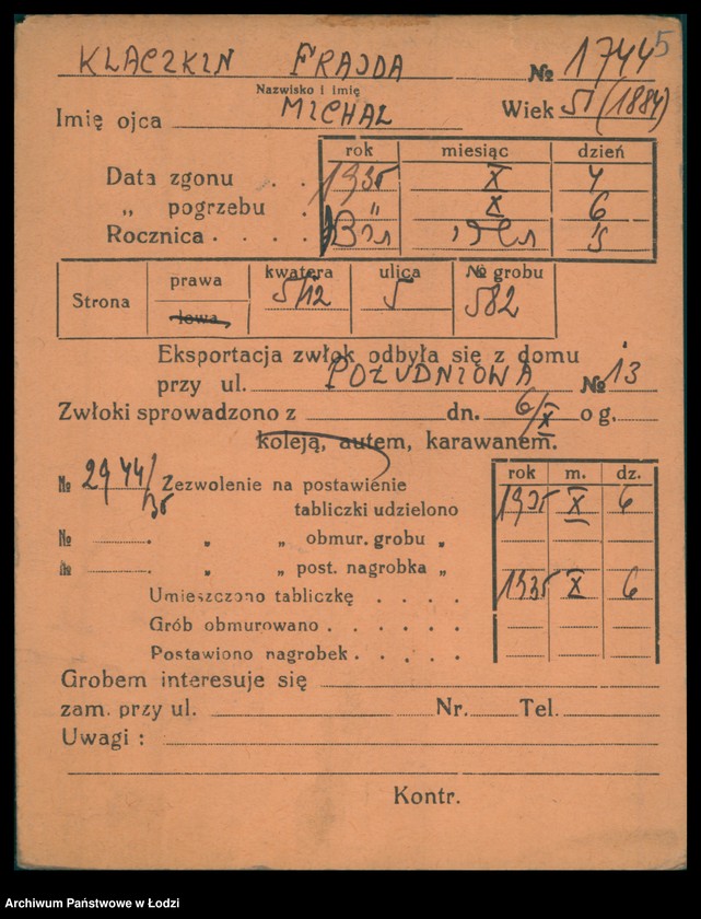 Obraz 6 z jednostki "Kartoteka osób pochowanych na cmentarzu żydowskim przy ulicy Brackiej w latach 1892-1959. Nazwiska na litery: Kl-Kn"