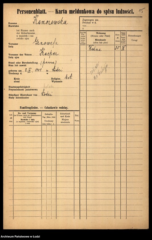 Obraz 17 z jednostki "[Spis ludności Łodzi] Komorowska - Kon"