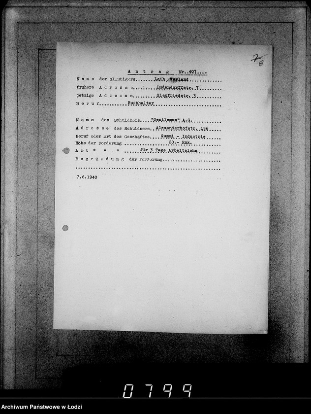 Obraz 12 z jednostki "J[uden] 406-420 [Wnioski Żydów z Getta o zwrot należności za pracę lub towar wzięty na kredyt]"