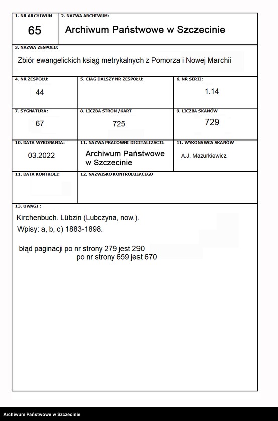 image.from.unit.number "Kirchenbuch. Lübzin (Lubczyna, now.)."