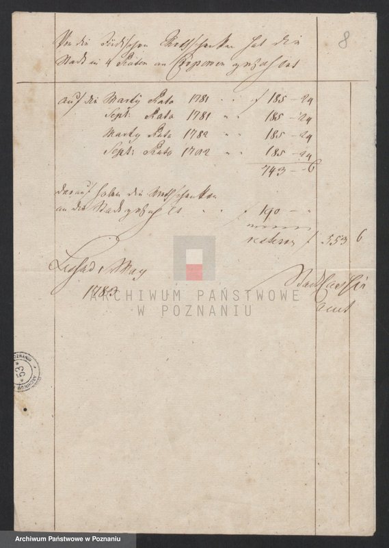 Obraz 7 z jednostki "Berechnung wieveil die Stadt Lissa an Czopowe vor das herrschaftliche Bier und Branntwein gezahlt hat; język niemiecki"