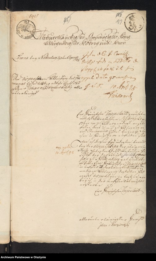 image.from.unit.number "In S. [Sache] der Pfandsbesitzern Johann v. [von] Pokrzywnicki und deßen Ehegathin Caroline Eleonore geboren von Zabienski wegen des zum alleinigen Eigenthum an sie abgetretenen Antheils F im adl. [adeliche] Allodial Gut Lomnau [Łomno] Haupt Amts Neidenburg [Nidzica] bestehend aus 1 Hube 11 Morgen 15 R. [Rute]"