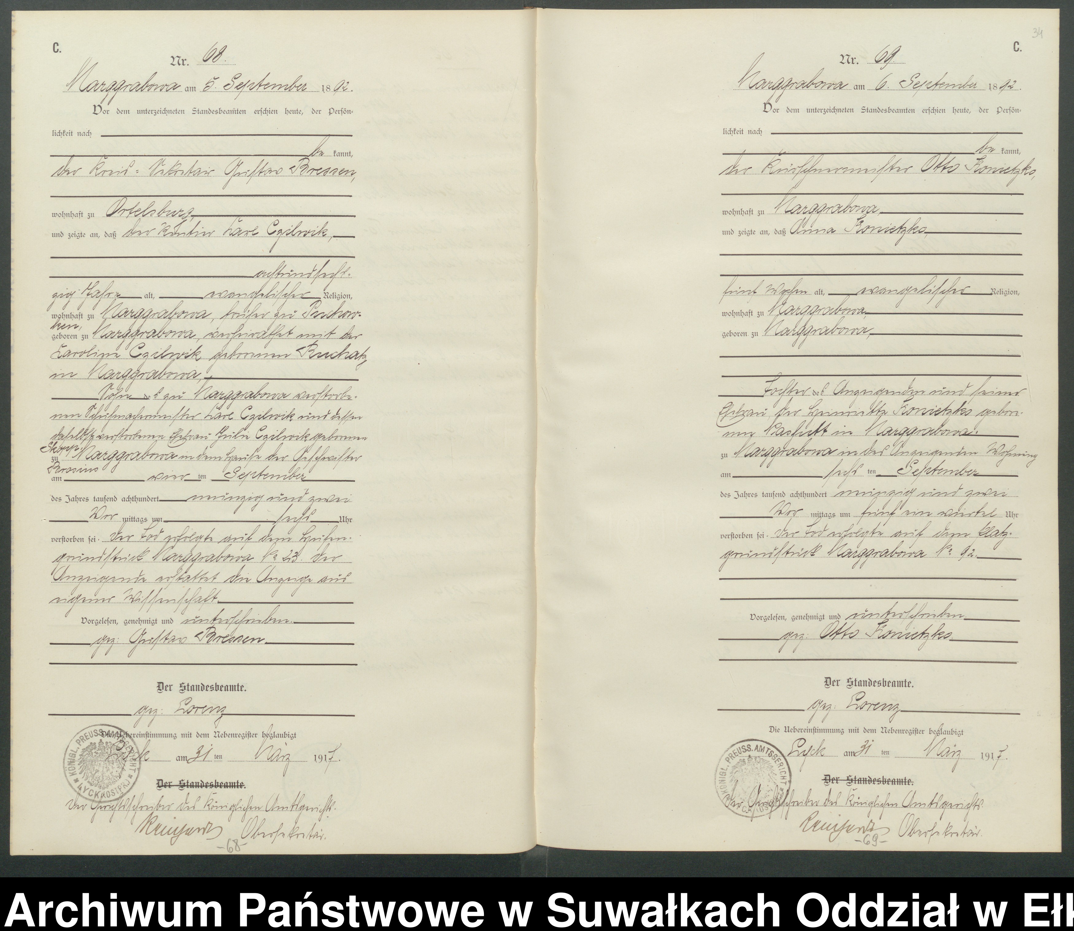 Skan z jednostki: C1.Sterbe-Register [Haupt-Register] Standesamt Stadtgemeinde Marggrabowa Kreis Oletzko No.1 bis.118