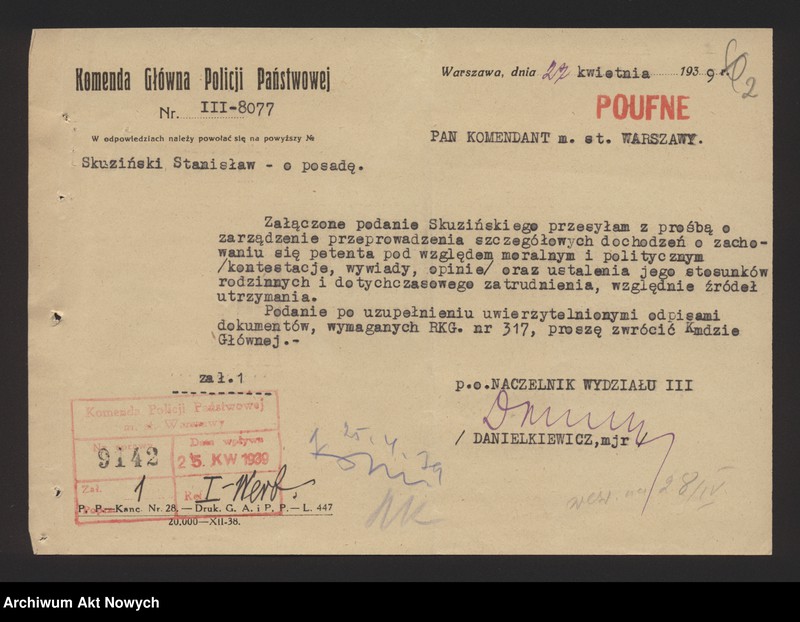 image.from.unit.number "Przyjęcie do służby w Policji Państwowej Stanisława Skuzińskiego. Korespondencja."