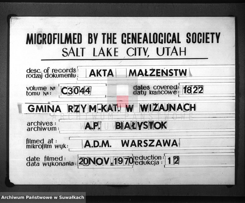 image.from.unit.number "Akta zaślubionych gminy wiżańskiey obwodu seyneńskiego, województwa augustowskiego od dnia 1-go miesiąca stycznia do dnia ostatniego miesiąca grudnia 1822 roku"