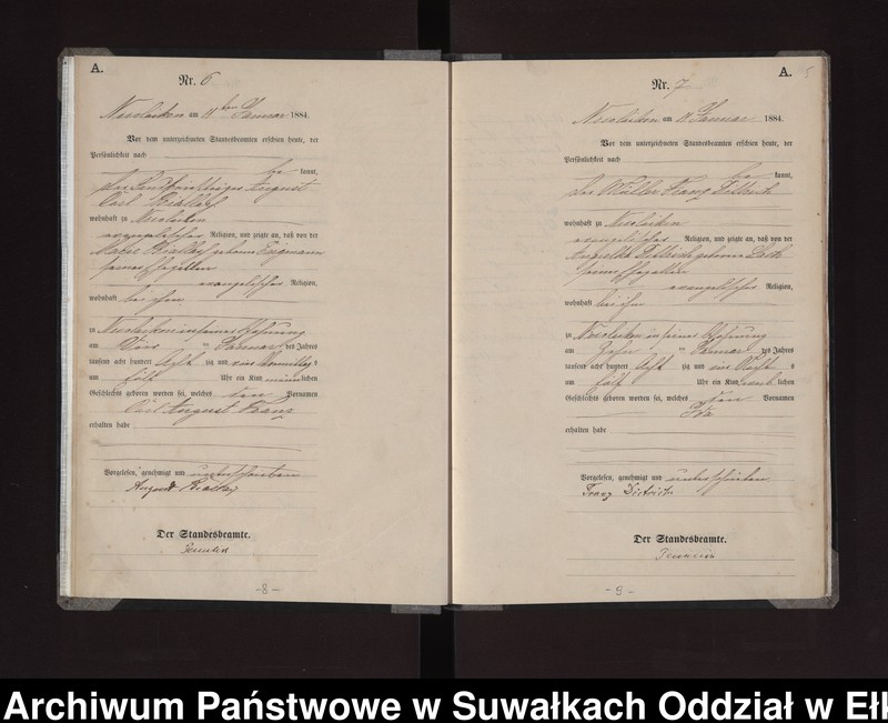 Obraz 8 z jednostki "Geburts-Haupt-Register des Königlichen Preussischen Standes-Amtes Stadt Nicolaiken Kreis Sensburg"