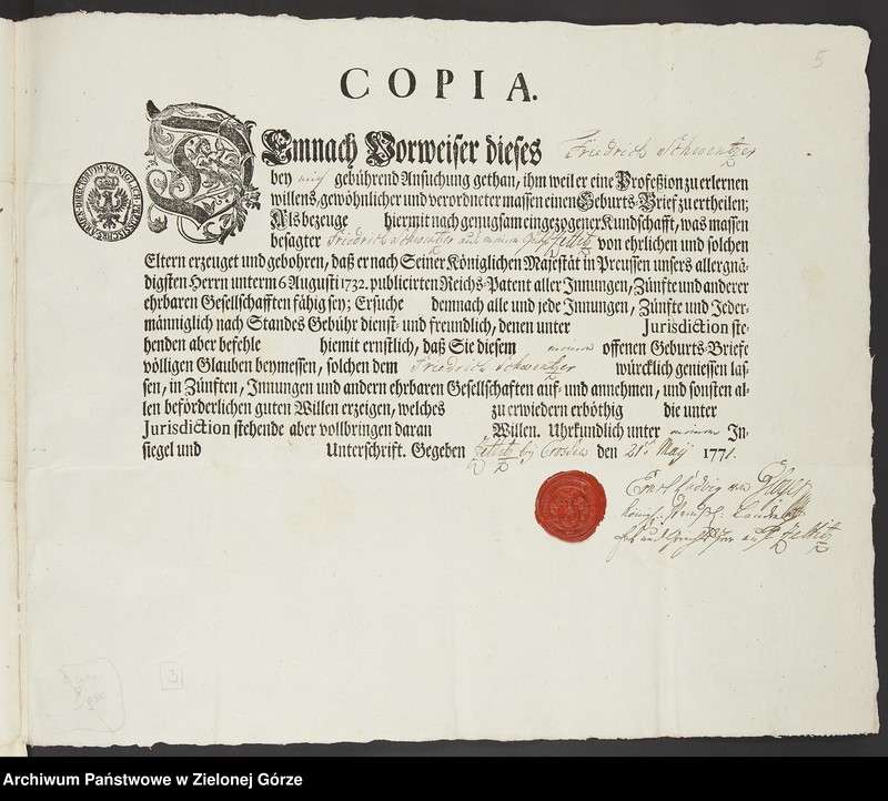 image.from.unit.number "Ernst Ludvig von Gloger, Landrat i pan dziedziczny majątku Czetowice wystawia swemu podwładnemu Friedrichowi Schwentzer świadectwo prawego urodzenia"