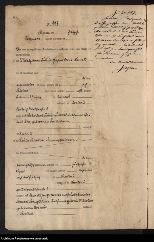 image.from.unit.number "Heiraths-Haupt-Register Breslau I 1900 Band 6"