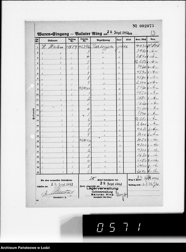 Obraz 17 z jednostki "[Dzienne zestawienia produktów żywnościowych i innych dostarczanych do składów Getta na Bałuckim Rynku]"