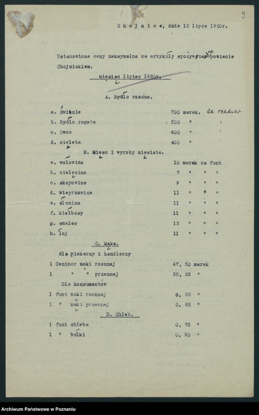 Obraz 11 z jednostki "[Wykazy cen maksymalnych artykułów spożywczych w poszczególnych miastach Województwa Pomorskiego za miesiące czerwiec i lipiec 1920 roku]"