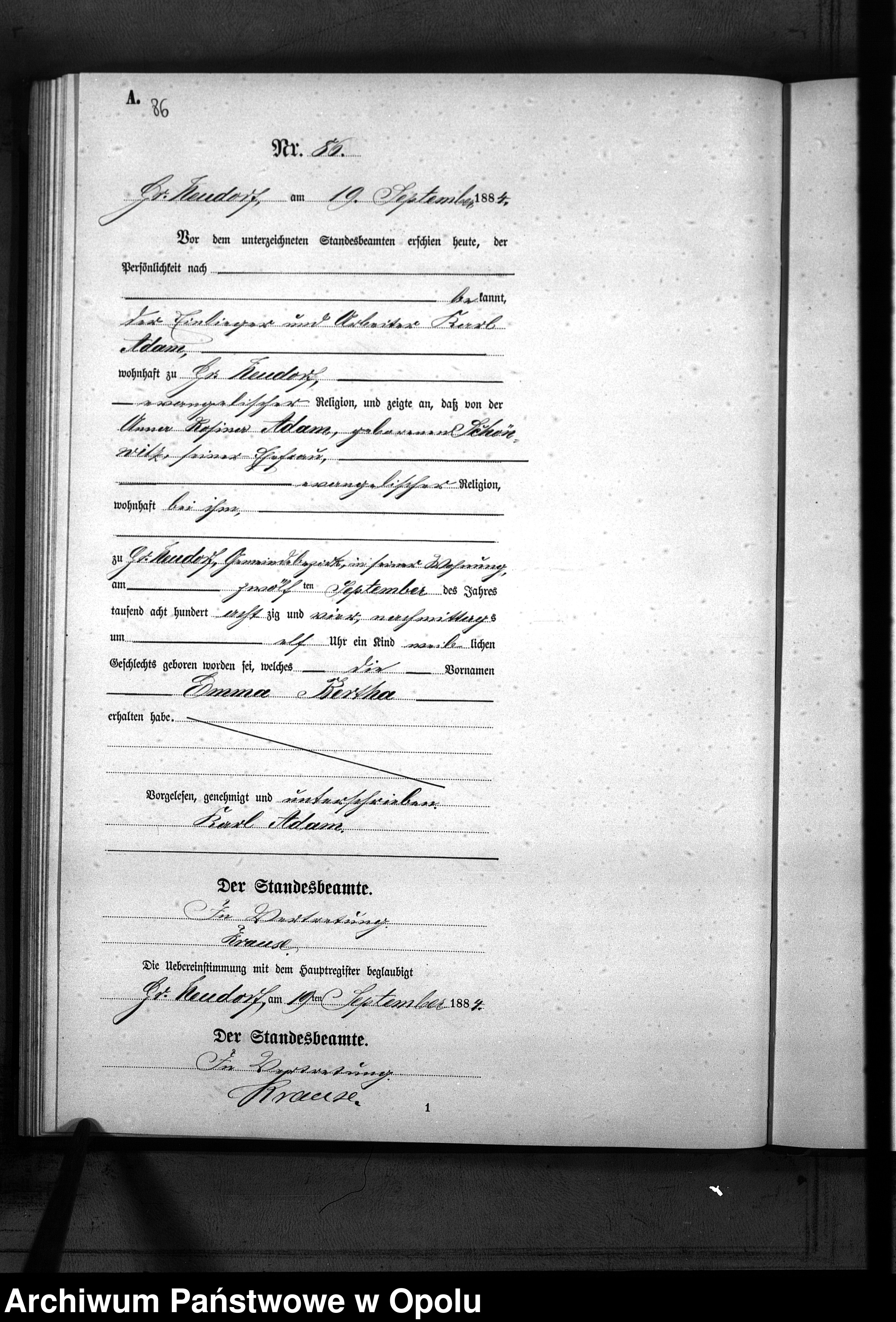 Skan z jednostki: Geburts-Neben-Register Standes-Amt Gr.[oss] Neudorf 1884