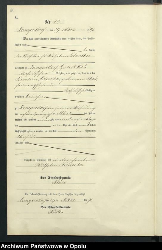 Obraz 18 z jednostki "Geburts-Neben-Register des Standesamts Langendorf pro 1891"