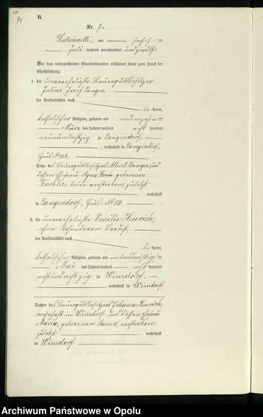 Obraz 18 z jednostki "Heirats-Register (Neben-Register) Standesamt Deutschwette 1912"