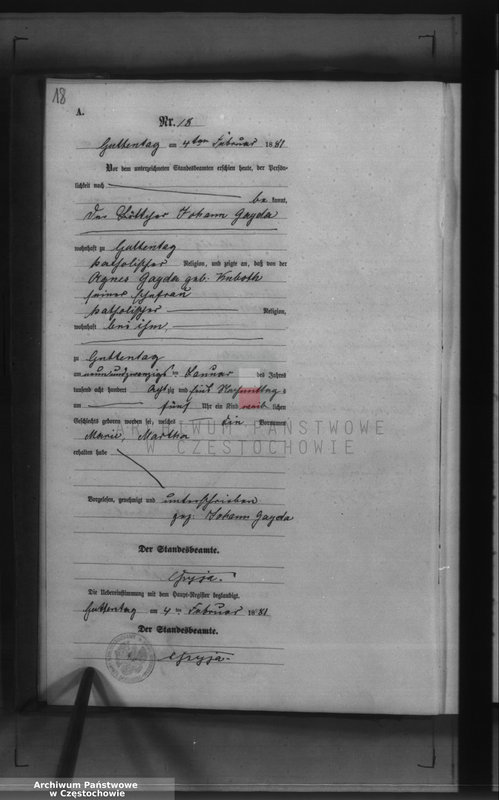 image.from.unit.number "Geburts - Neben Register des Königlich Preussischen Standesamts Guttentag im Kreise Lublinitz pro 1881."