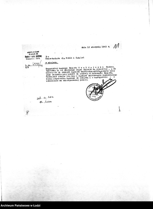 Obraz 14 z jednostki "[Korespondencja resortów i osób prywatnych w sprawie pomocy materialnej i lekarskiej dla starych i chorych mieszkańców getta]"