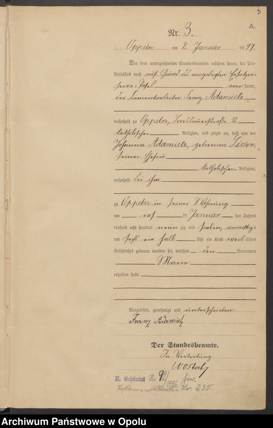 Obraz 7 z jednostki "Urząd Stanu Cywilnego w Opolu 1897 Rejestr Urodzeń Księga Miejscowa Nr 1 do 554"