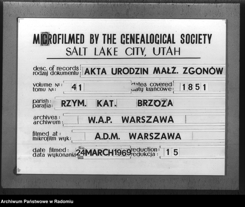Obraz 1 z jednostki "Duplikat akt religijno cywilnych urodzonych, zaślubionych i zmarłych parafii Brzóza na rok 1851"