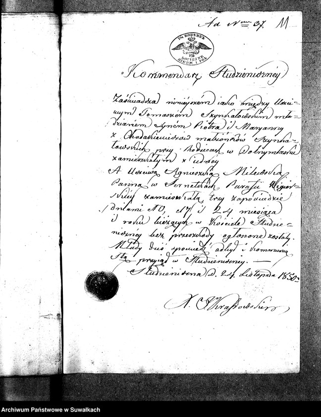 image.from.unit.number "Anneksa do Akt Zaślubionych Parafii Wigierskiey z Roku 1850-go."