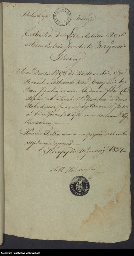 image.from.unit.number "Wizajny Rzym.-Kat. 1824. [Dokumenty do akt małżeństw]"