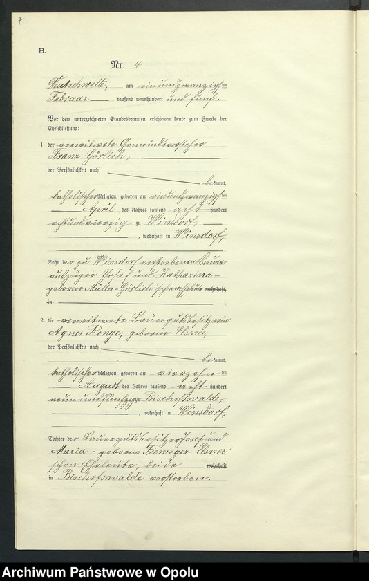 Obraz 11 z jednostki "Heiraths-Neben-Register des Standesamts Deutsch Wette pro 1905"