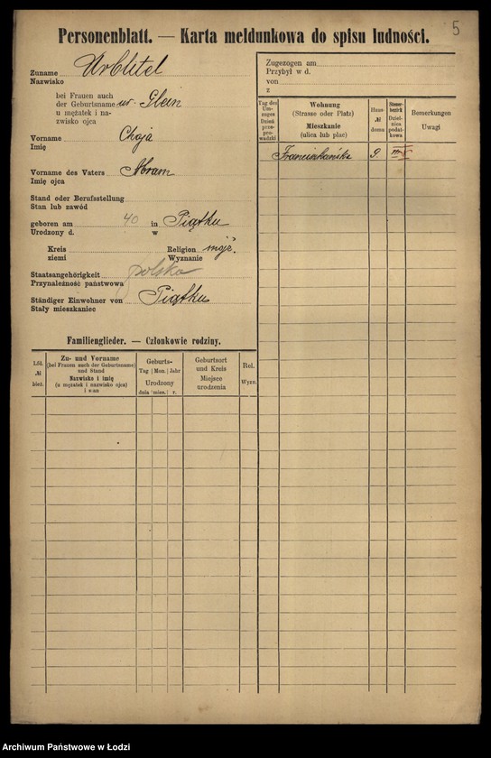 Obraz 7 z jednostki "[Spis ludności Łodzi] Urbach - Urbanowski"