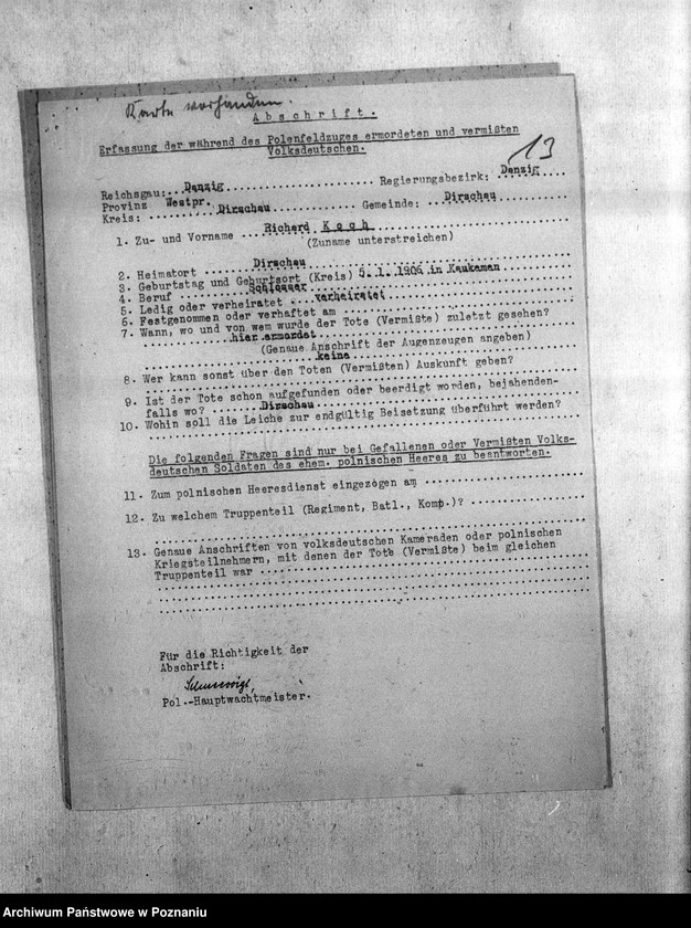 Obraz 17 z jednostki "Amtliche Meldung Kreis Dirschan (Tczew)"