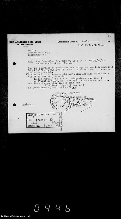 Obraz 17 z jednostki "Korrespondenz mit dem Ältesten der Juden"