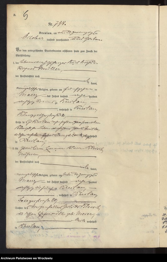 image.from.unit.number "Heiraths-Haupt-Register Breslau II 1907 Band 5"