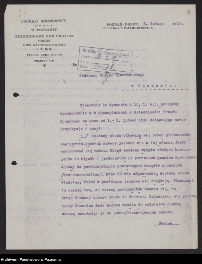 Obraz 10 z jednostki "[Sprawozdania Urzędu Zbożowego w Poznaniu dla Departamentu Aprowizacji byłej Dzielnicy Pruskiej]"