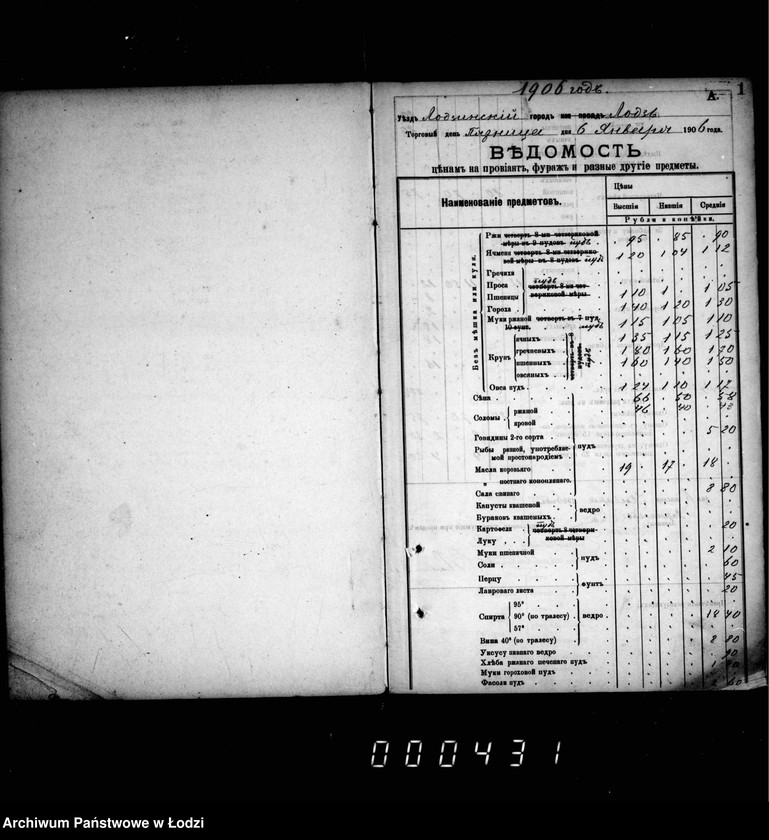 Obraz 5 z jednostki "Fora´lnaja kniga dlja zapisyvanija torgovych cen na proviant i furaž v gorode Lodzi s 1 janvarja 1906 goda po 1 janvarja 1912 goda"