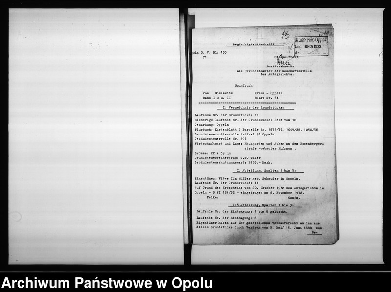 Obraz 16 z jednostki "Magistrat Oppeln. Betrifft: Ritterstrasse Müller Blatt 153 G.V. und 54 Goslawitz"