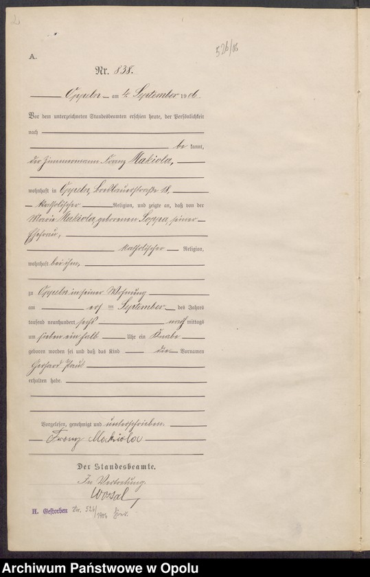 Obraz 6 z jednostki "Urząd Stanu Cywilnego w Opolu 1906 Rejestr Urodzeń miejscowa Nr 838 do 1264"