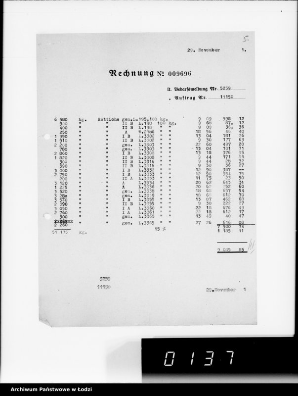 Obraz 9 z jednostki "Aufträge [Lieferscheinen und Rechnungen] 11100-11150 Lebensmitteleinkauf 5/Mü [Zapotrzebowania, zlecenia, rachunki, dowody dostawy na art.spoż.dla Getta]"