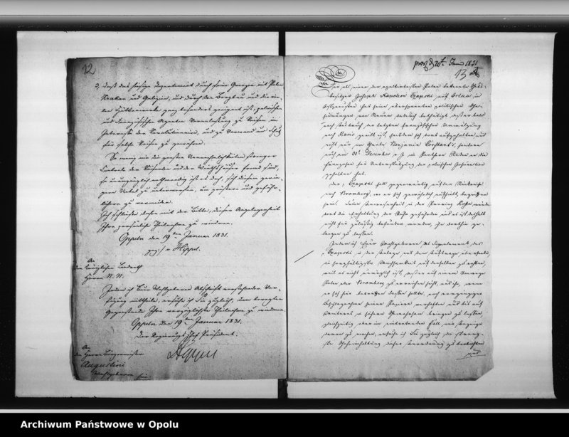 Obraz 12 z jednostki "Acta generalia des Magistrats zu Oppeln betreffend alle höhere Ortserlassenen Verordnungen in Rücksicht der Fremden - Polizei, der Aufsicht über revolutionair gesinnte Personen, Verfolgung von verdächtigen Ausländern, und aller derjenigen Verfügungen welche die pohlnischen Insurection betreffen"