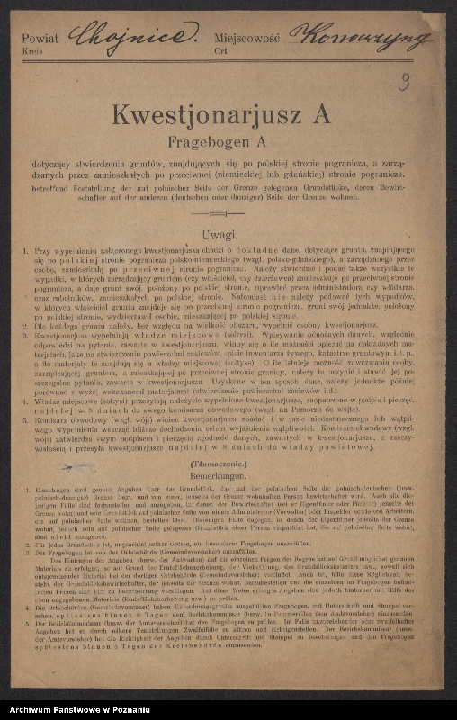 Obraz 9 z jednostki "[Kwestionariusze dotyczące stwierdzenia gruntów znajdujących się po polskiej stronie pogranicza a zarządzanych przez zamieszkałych po stronie niemieckiej] powiat chojnicki"