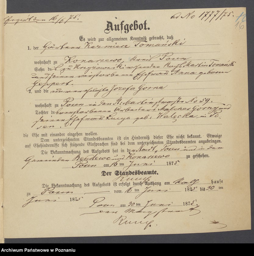 Obraz 18 z jednostki "Die von den Verlobten beigebrachten Urkunden zur Eheschliessung pro 1875"