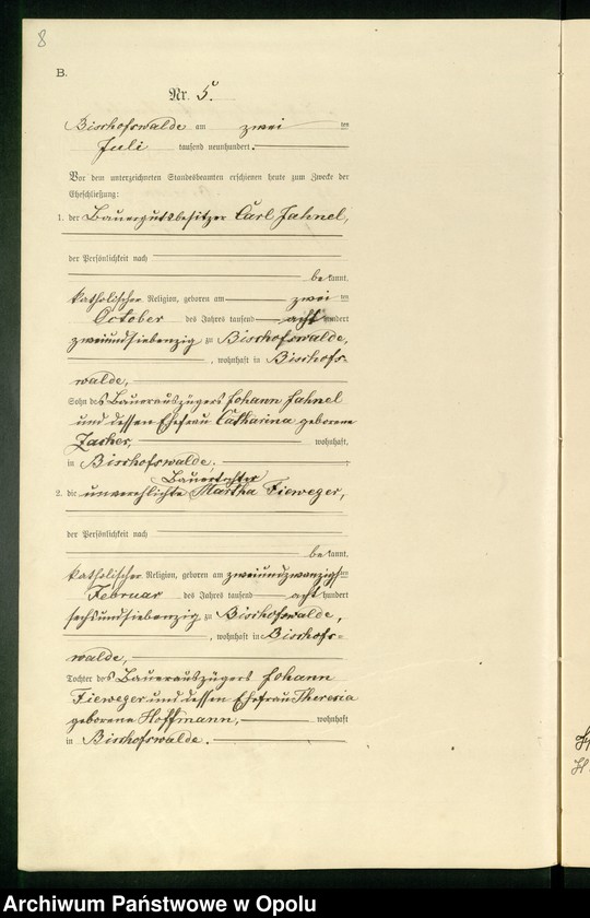 Obraz 12 z jednostki "Heiraths-Haupt-Register des Standsamts Bischofswalde pro 1900"