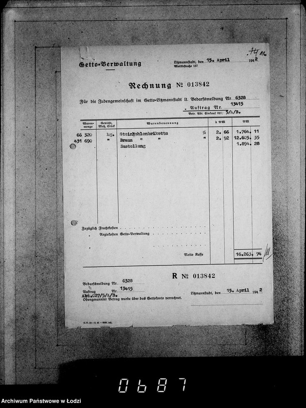 Obraz 20 z jednostki "Aufträge [Lieferscheinen und Rechnungen] 13371-13415. [Dostawa produktów do Getta]"