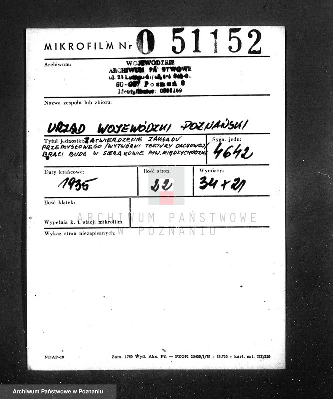 image.from.unit.number "Zatwierdzenie zakładu przemysłowego / wytwórni tektury dachowej/ Braci Buda w Sierakowie, pow. międzychodzki"