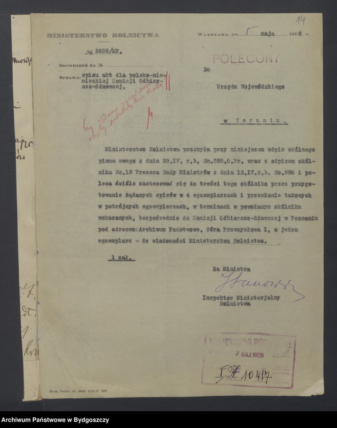 image.from.unit.number "Akta dotyczące układu z Niemcami w sprawie przekazywania akt [Układ polsko - niemiecki z dnia 22.12. 1926 r. o wydaniu akt]"