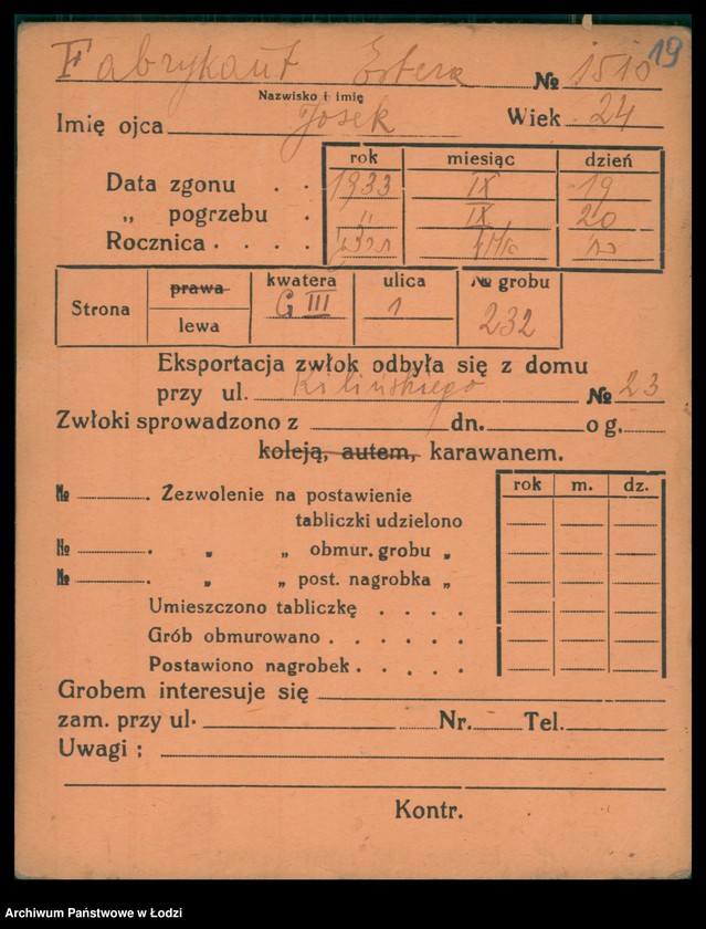 Obraz 20 z jednostki "Kartoteka osób pochowanych na cmentarzu żydowskim przy ulicy Brackiej w latach 1892-1958. Nazwiska na litery: Fa-Fä"