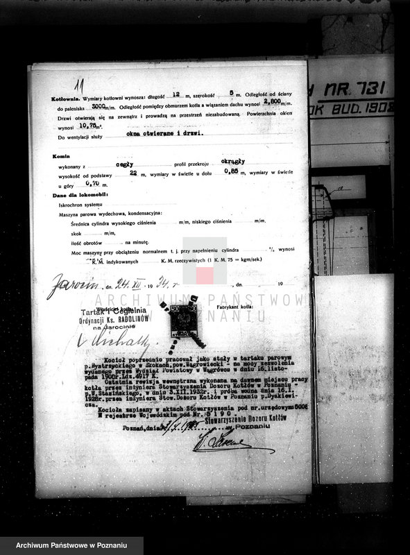 Obraz 15 z jednostki "Młyn parowy w Jarocinie pow. jarociński nr fabr. kotła 892 nr woj. kotła 6431"